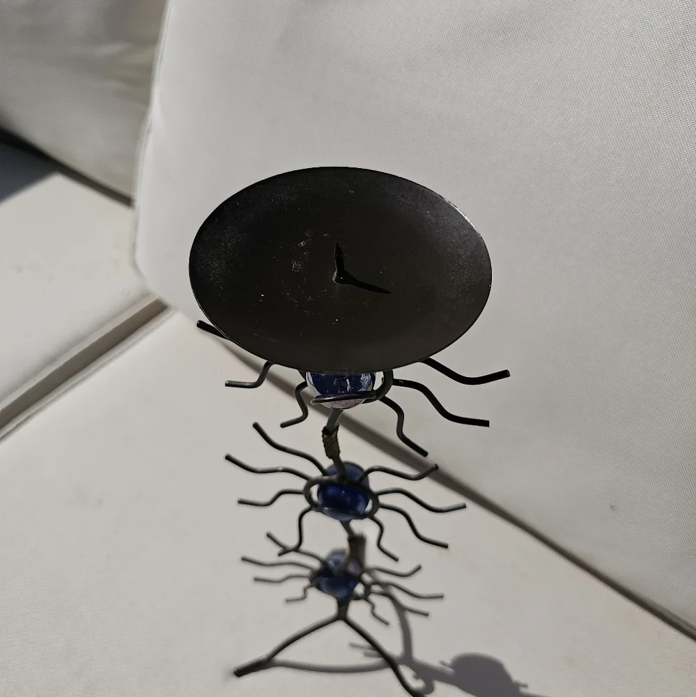 Halloween Metal Spider Candle Holder Blue Marbles Tall Goth‎ Art Deco Spooky
